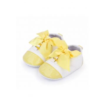 Pantofi  Cu Fundita - Elegant - Piele ecologica - Fete - Siret - Alb - Galben - 3-6 luni -