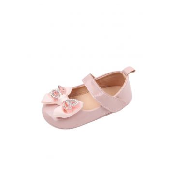 Pantofi  Cu Fundita Si Strasuri - Elegant - Piele lacuita - Fete - Velcro - Roz