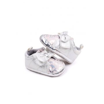 Pantofi  Cu Imprimeu Si Fundita - Casual - Piele ecologica - Fete - Velcro - Argintiu