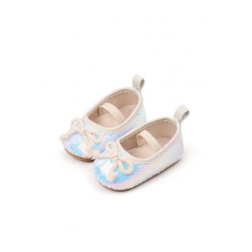 Pantofi  Cu Paiete Si Fundita - Piele ecologica - Fete - Banda Elastica - Alb