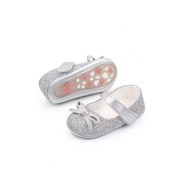 Pantofi  Cu Sclipici Si Fundita - Elegant - Piele ecologica - Fete - Velcro - Argintiu