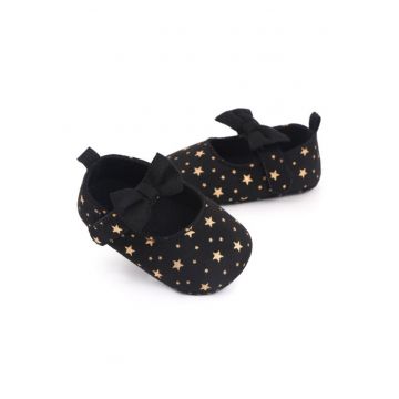 Pantofi  Cu Stelute Aurii Si Fundita - Casual - Textil - Fete - Velcro - Negru