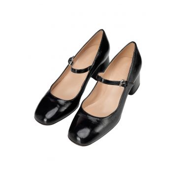 Pantofi cu toc dama - cu bareta - piele naturala - negru