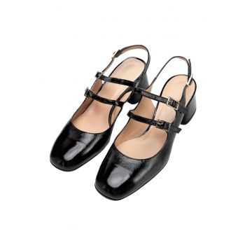 Pantofi cu toc dama  piele naturala - toc gros - varf rotunjit - negru