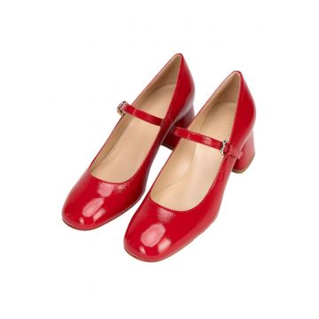 Pantofi cu toc dama  piele naturala - toc gros - varf rotunjit - rosu