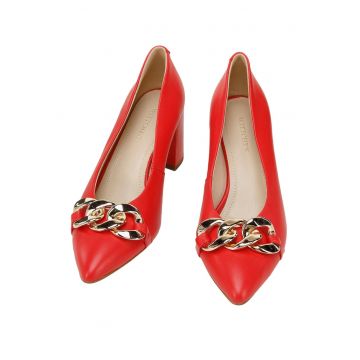 Pantofi dama  clasici - piele naturala - cu lant decorativ - rosu/auriu