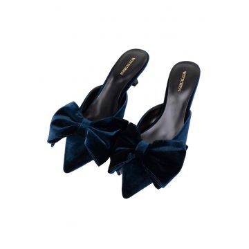 Pantofi dama  cu toc mic - eleganti - cu funda - textil - bleumarin