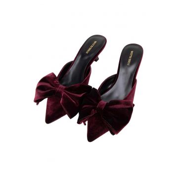 Pantofi dama  cu toc mic - eleganti - cu funda - textil - bordeaux