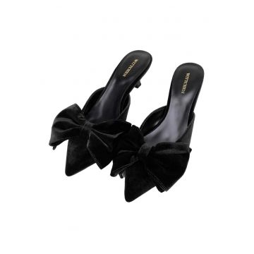 Pantofi dama  cu toc mic - eleganti - cu funda - textil - negru
