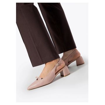 Pantofi dama -  din piele naturala - cu varf ascutit si funda decorativa - roz