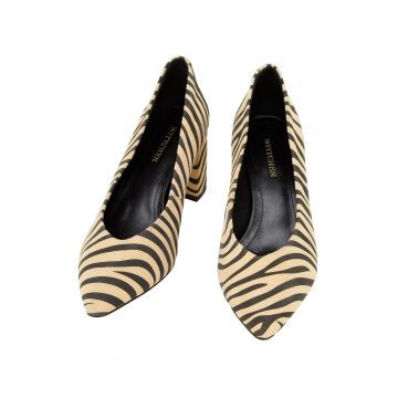 Pantofi dama -  piele intoarsa - toc gros - animal print - negru/bej