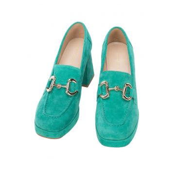 Pantofi dama  piele intoarsa - toc gros - cu catarama - verde