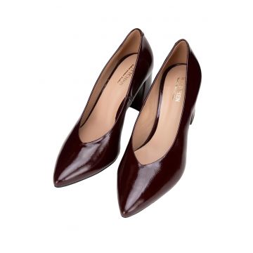 Pantofi dama -  toc bloc - piele lacuita - rosu - design retro