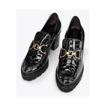 Pantofi dama  toc croco - catarama - piele lacuita neagra -