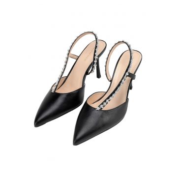 Pantofi dama -  toc cui - piele naturala - decoratiuni bijuterii - negru