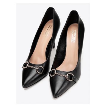 Pantofi dama -  tocuri inalte - piele naturala - negru - lant decorativ