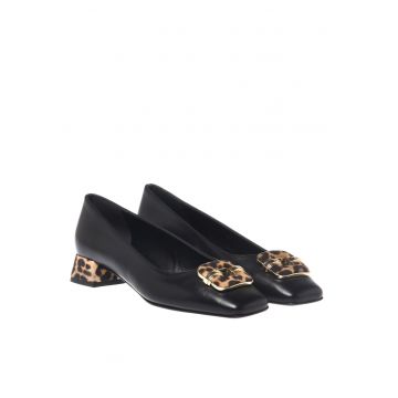 Pantofi de piele cu varf patrat si detalii animal print - Negru/Crem