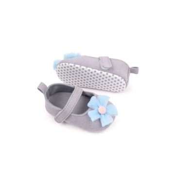 Pantofi  Decorati Cu Floare Bleu - Casual - Textil - Fete - Velcro - Gri