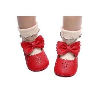 Pantofi  Eleganti - Cu Fundita Si Perforatii Florale - Piele ecologica - Fete - Velcro - Rosu