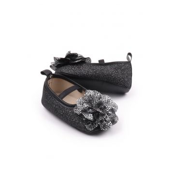Pantofi  Eleganti - Cu Sclipici Si Floare Argintie - Piele ecologica - Fete - Banda elastica - Negru