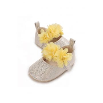 Pantofi  Metalizat - Cu Floricele Galbene - Casual - Textil - Fete - Velcro - Ivoire