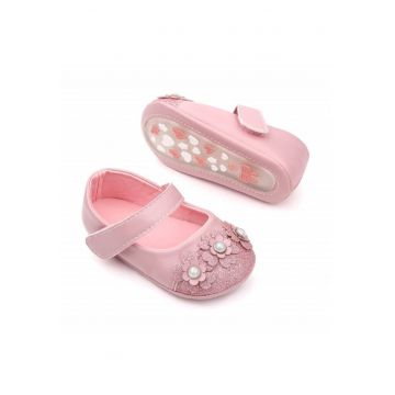 Pantofi  Model AL 15442 cu sclipici si floricele - Piele ecologica - Roz