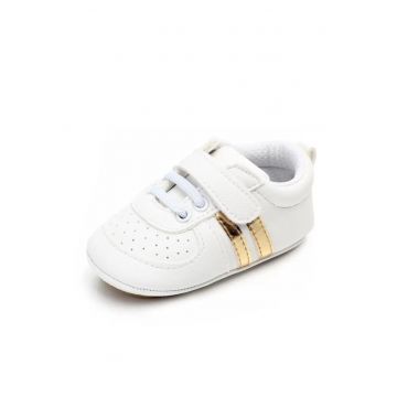Pantofi Sport  Cu Dungi Aurii - Piele ecologica - Fete - Siret - Velcro - Alb