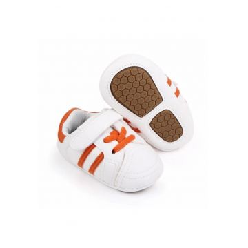 Pantofi Sport  Cu Dungi - Piele ecologica - Fete - Siret - Alb/ Portocaliu - Alb/Portocaliu