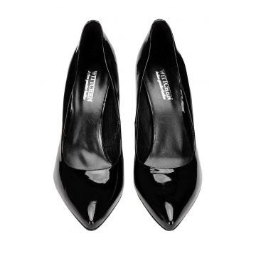 Pantofi stiletto dama  piele lacuita - toc inalt - varf ascutit - negru