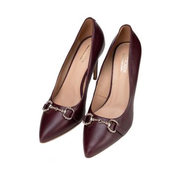 Pantofi stiletto dama -  piele naturala - cu lant stralucitor - bordeaux/auriu