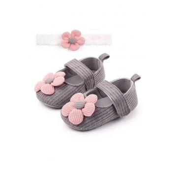 Set Pantofi Si Bentita  Casual - Textil - Fete - Velcro - Gri - Roz