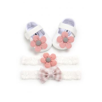 Set Pantofi Si Doua Bentite  Casual - Textil - Fete - Velcro - Alb - Roz