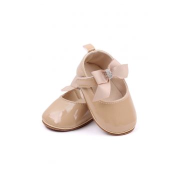 Pantofi  Din Lac - Cu Fundita Si Strasuri - Elegant - Piele ecologica - Fete - Velcro - Crem