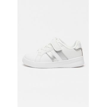 Pantofi sport cu velcro si logo - Alb/Argintiu