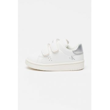 Pantofi sport de piele ecologica cu velcro - Alb/Argintiu