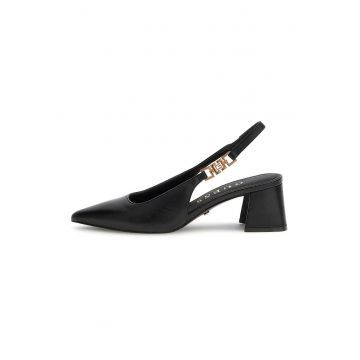 Pamtofi slingback din piele cu toc masiv - Negru