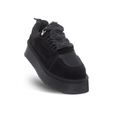 Pantofi dama -  piele naturala/textil - toamna-iarna - cu platforma - negru
