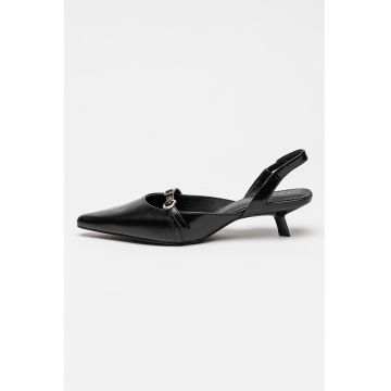 Pantofi slingback din piele cu varf ascutit si toc kitten - Negru