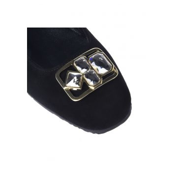 Balerini din piele intoarsa cu aplicatie din strasuri - Negru