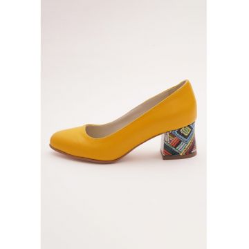 Pantofi de piele cu toc masiv - Galben sofran