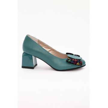 Pantofi de piele cu toc masiv - Turcoaz
