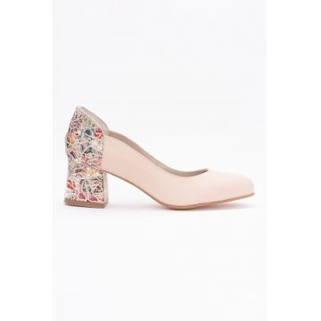 Pantofi de piele cu toc si detaliu floral - Crem