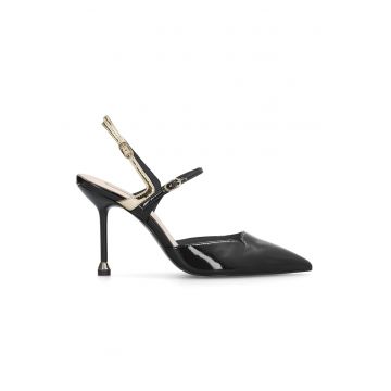 Pantofi slingback din piele ecologica lacuita cu toc stiletto - Negru