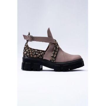 Pantofi casual din piele cu decupaje - Negru/Bej/Roz prafuit