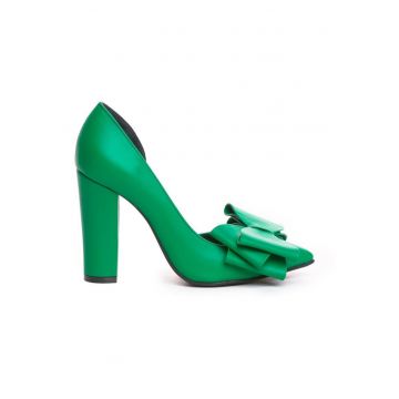 Pantofi cu toc gros piele Verde Cut cu funda