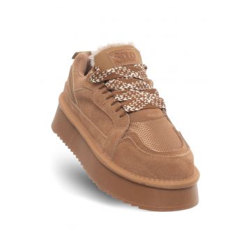 Pantofi dama -  piele naturala/textil - toamna-iarna - cu platforma - maro