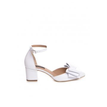 Pantofi mireasa piele naturala Alb cu funda Fancy Flats