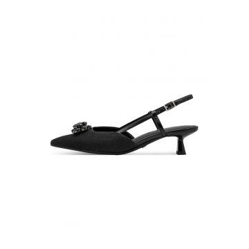 Pantofi slingback cu varf ascutit - toc kitten si element decorativ - Negru