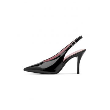 Pantofi slingback de piele ecologica lacuita cu toc inalt - Negru