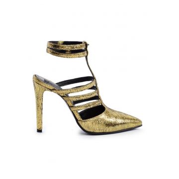 Pantofi stiletto piele naturala Auriu Multi Strap